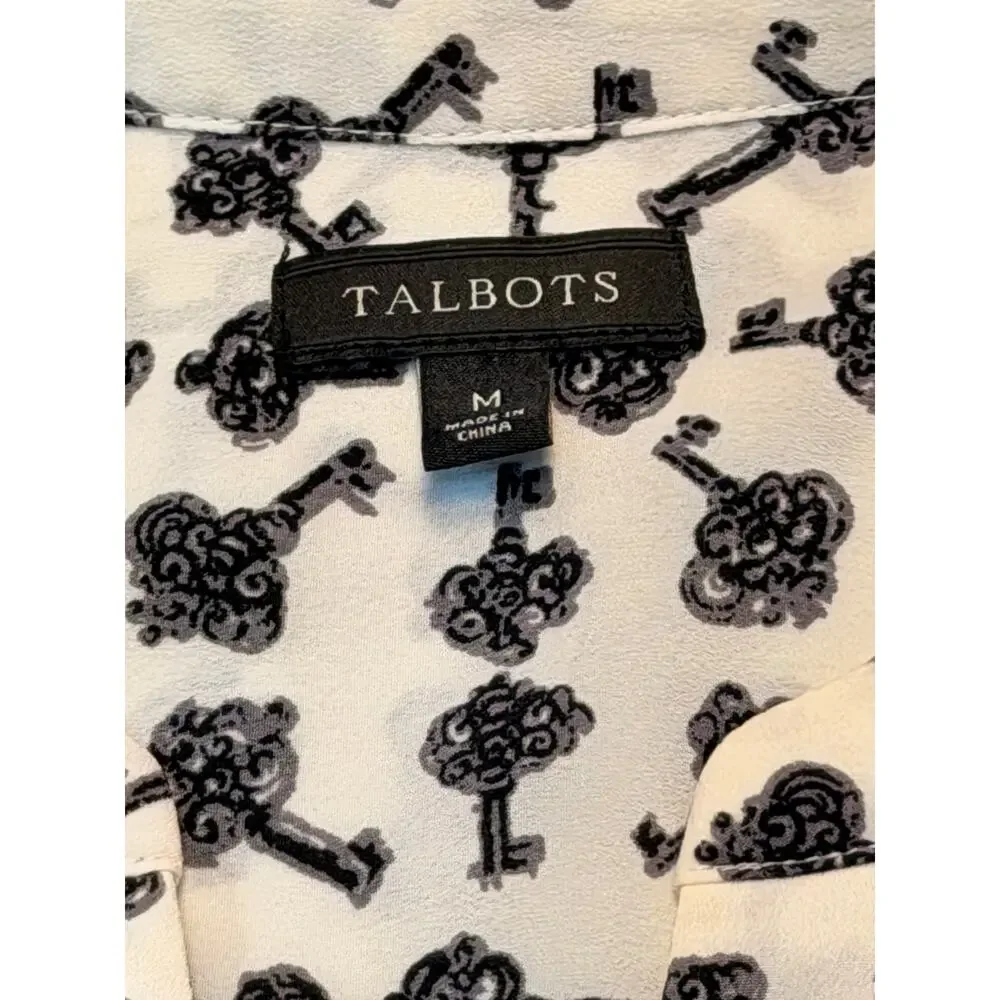 Talbots Cream "key" Print Tunic V-Neck Henley Womens Med Cream/Black Flowy - Picture 6 of 6